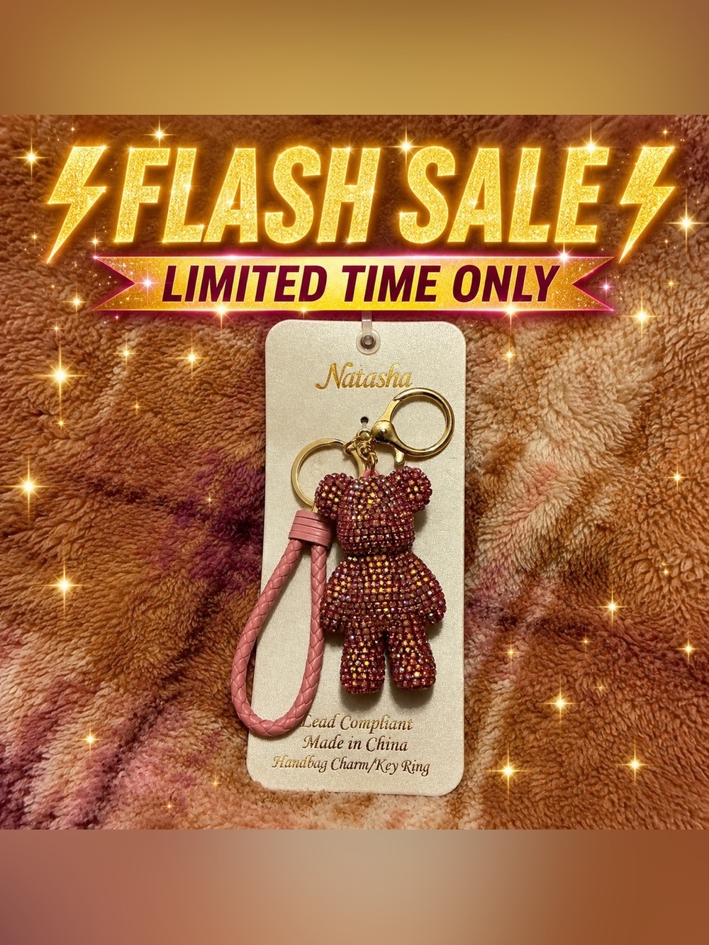 Keychain/Bag Charm Natasha, Pink Rhinestone Teddy Bear with Braided Strap